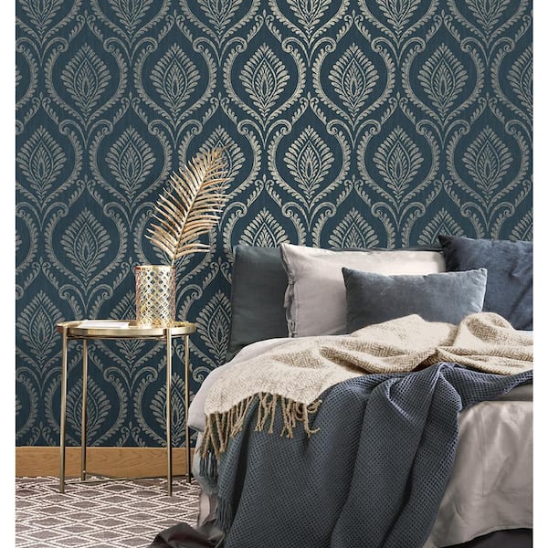 Estelle Navy Blue Damask Wallpaper Sample