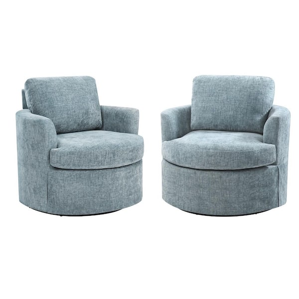 Light Blue Chenille Upholstered 360° Swivel Accent Chair Adjustable Back Height Armchair with Wood Frame Set of 2