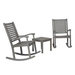 Grey Wash 3-Piece Acacia Wood Traditional Rocking Chair Outdoor Chat Set with Slatted Square Side Table