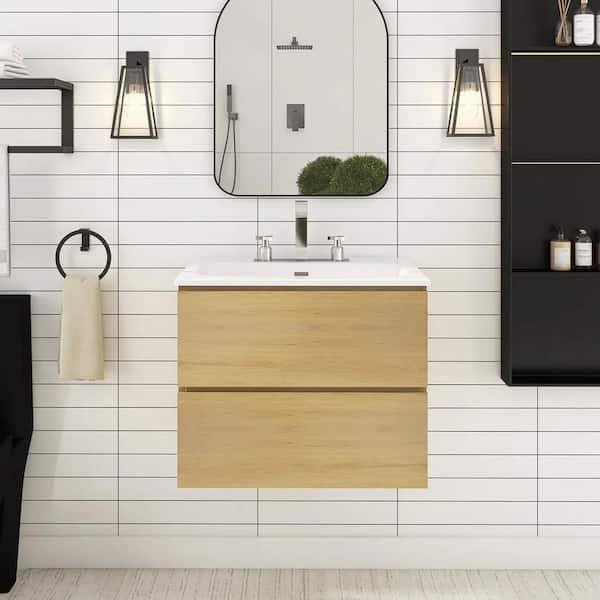 24 in. W x 18 in. D x 21 in. H Single Sink Floating Bath Vanity in Natural Oak with White Ceramic Top