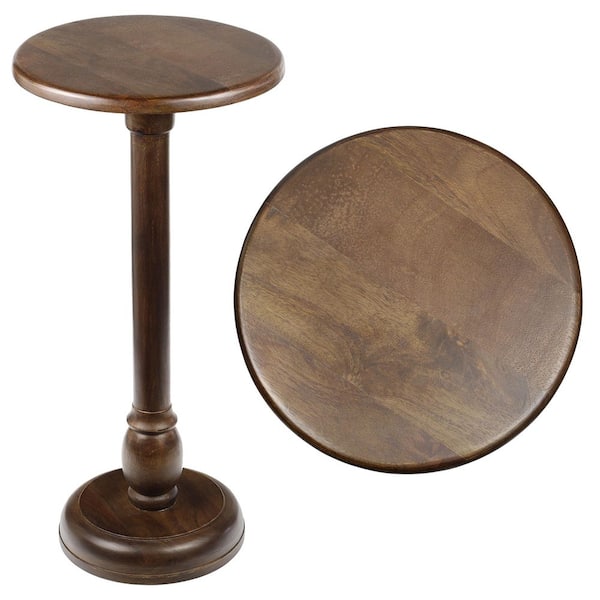 Leopold 11 in. Cottage Designer Mango Wood Pedestal Round Drink Table and Decorative End Table, Dark Brown