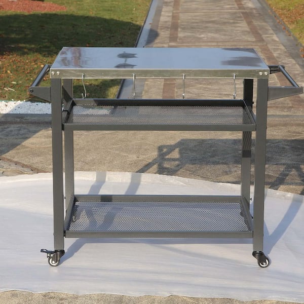 Siavonce 3-Shelf Outdoor Grill Table, Pantry Organizer Grill Cart Outdoor with Wheels, Pizza Oven and Food Prep Table, Black