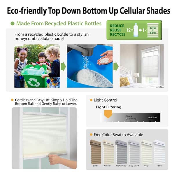 DEZ FURNISHINGS Cordless 1.5" Light Filtering Top Down Bottom Up Cellular Shade, 46" W X 36" H, Latte