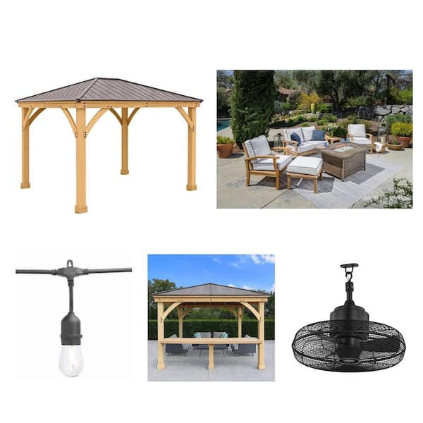 Meridian 10 ft. Wood Counter, 48 ft. Edison String Light, 10 ft. x 12 ft. Gazebo Kit, Teak Patio Set, 20 in. Fan Combo