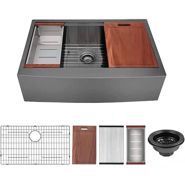Unbranded Black Stainless Steel 33 in. x 21 in. Single Bowl Farmhouse Apron Undermount Kitchen Sink with Bottom Grid
