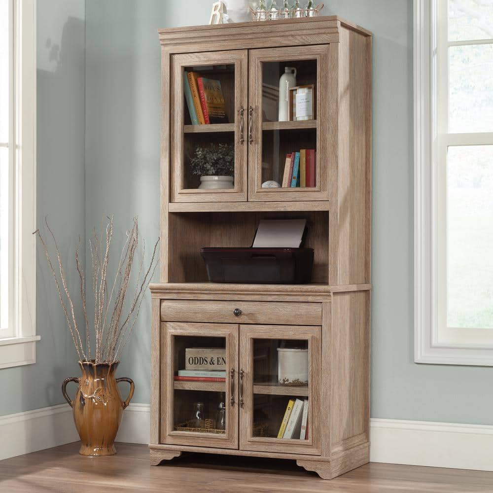 Brushed Oak Glass Door China Cabinet with Adjustable Shelf