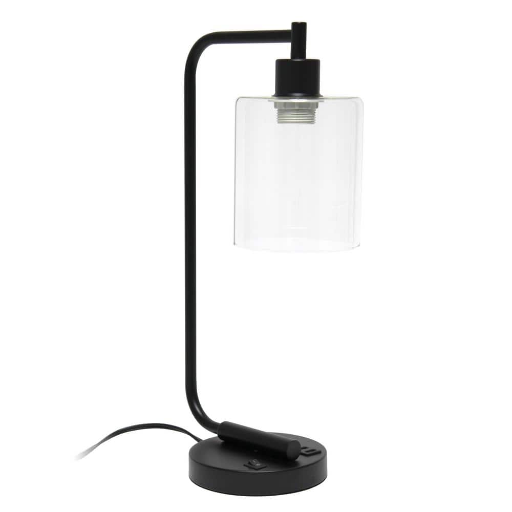 Arcadian Black Iron Desk Lamp with USB Ports and Glass Shade
