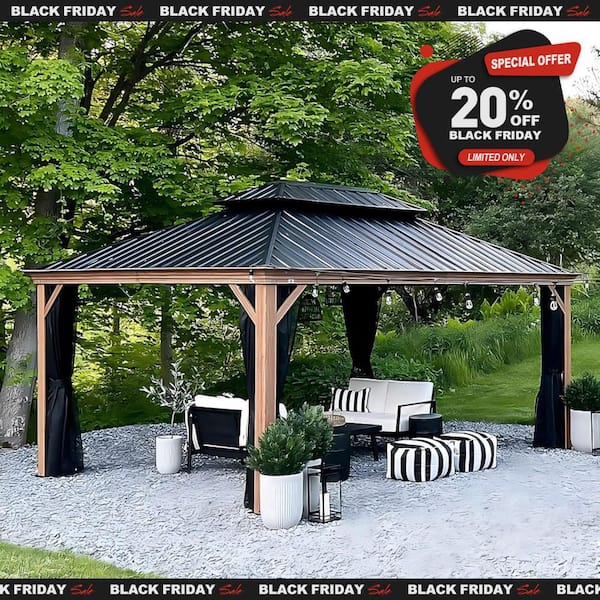 10 ft. x 14 ft.Wood Grain Aluminum Power-Coated Frame Galvanized Steel Double Roof Hardtop Gazebo,Hooks,Upgrade Netting