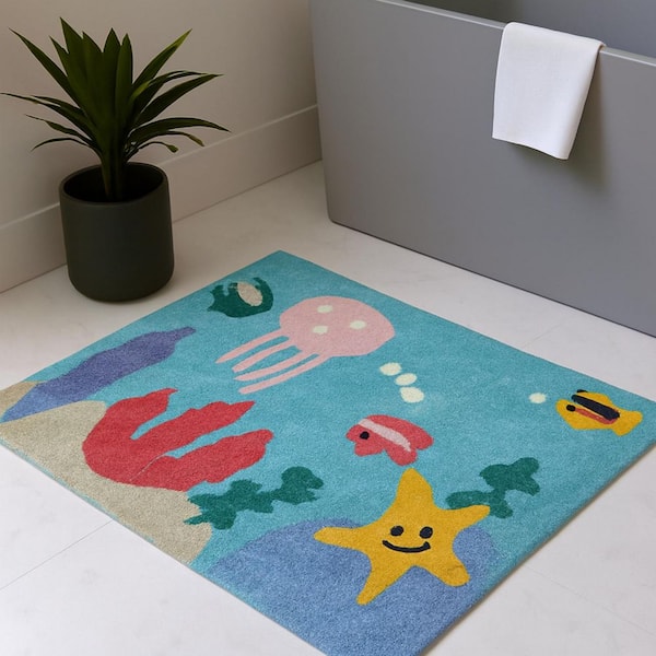 3 ft. x 4 ft. Aqua Yellow And Coral Starfish Youthful Washable Area Rug