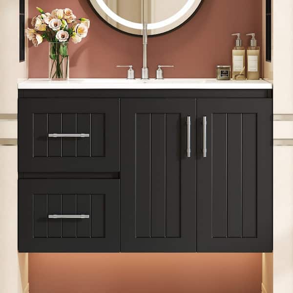 36 in. Floating Black Bath Vanity with White Ceramic Top, 2-Drawers and Adjustable Shelf