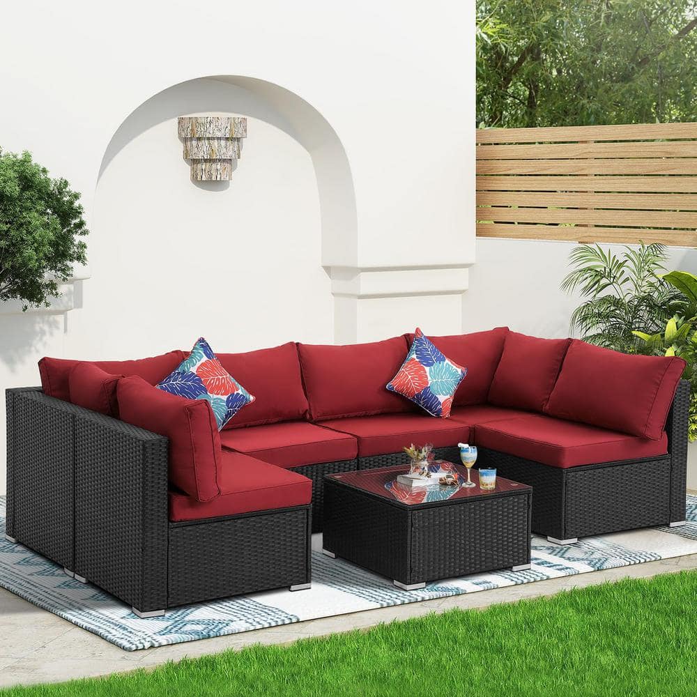 Runesay 7-Piece Black Wicker Outdoor Sectional Set Patio Conversation ...