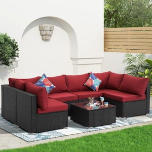 7-Piece Black Wicker Outdoor Sectional Set Patio Conversation Set with Coffee Table for Lawn, Backyard and Red Cushions