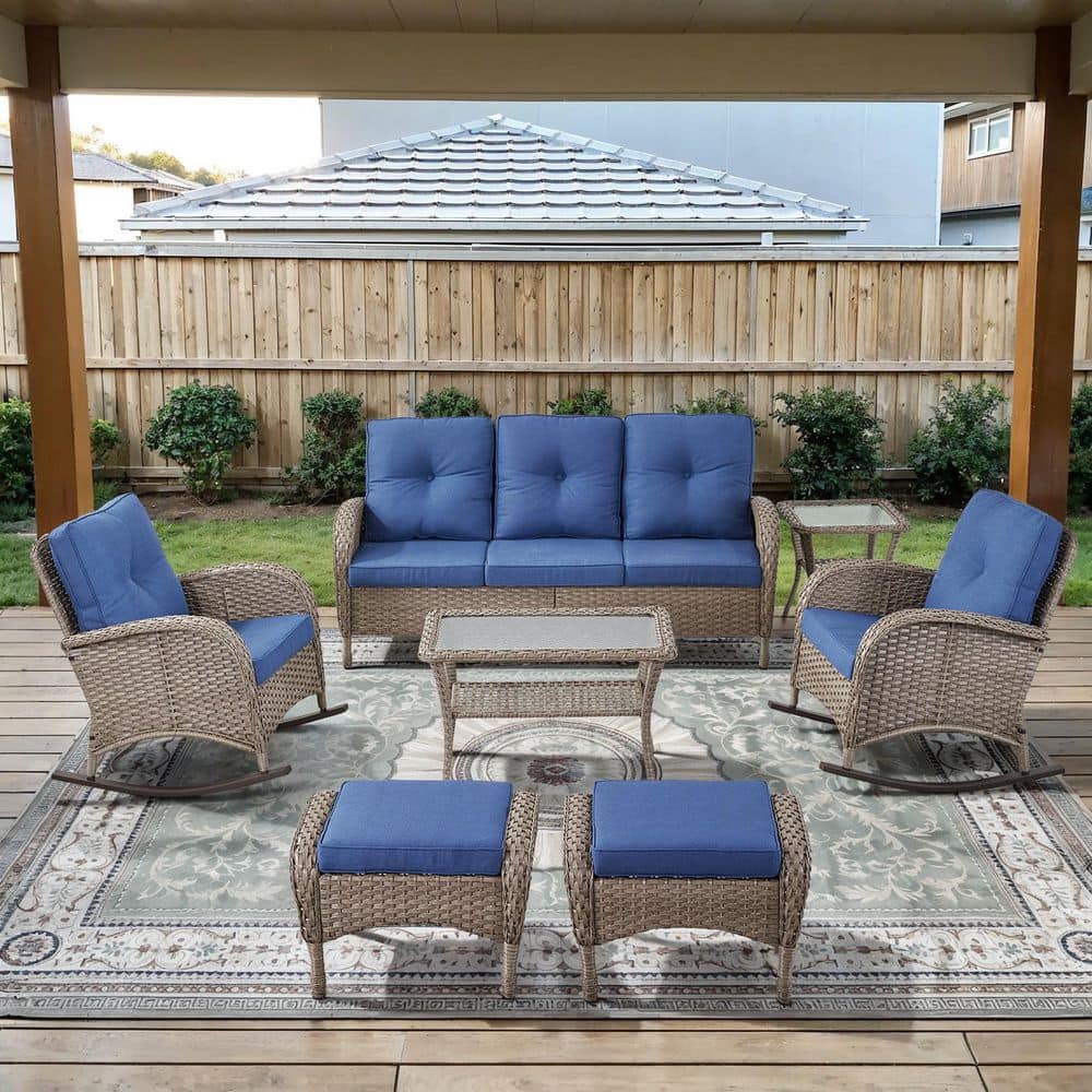 PlainCurve 7-Piece Gray Wicker Patio Conversation Set with Rocking Chairs and Olefin Navy Blue Cushions price history on PriceWatchPro