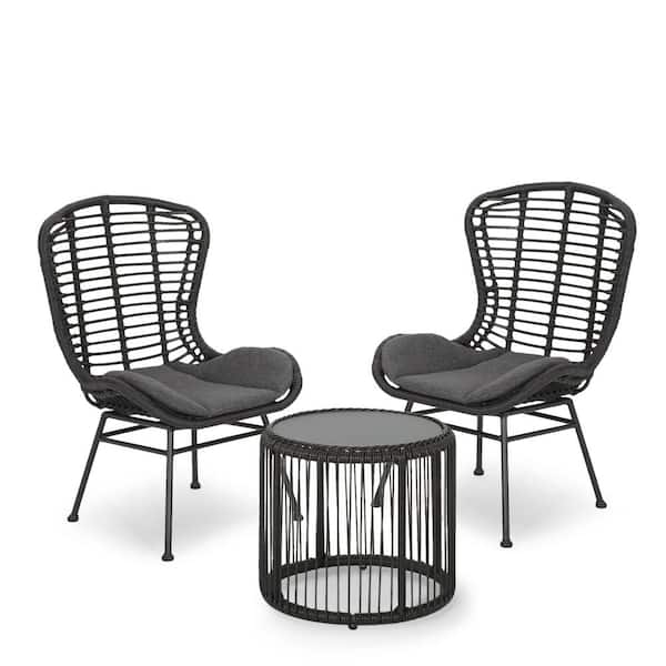 Noble House Olvera Grey 3-Piece Faux Rattan Outdoor Patio Conversation Set with Dark Grey Cushions