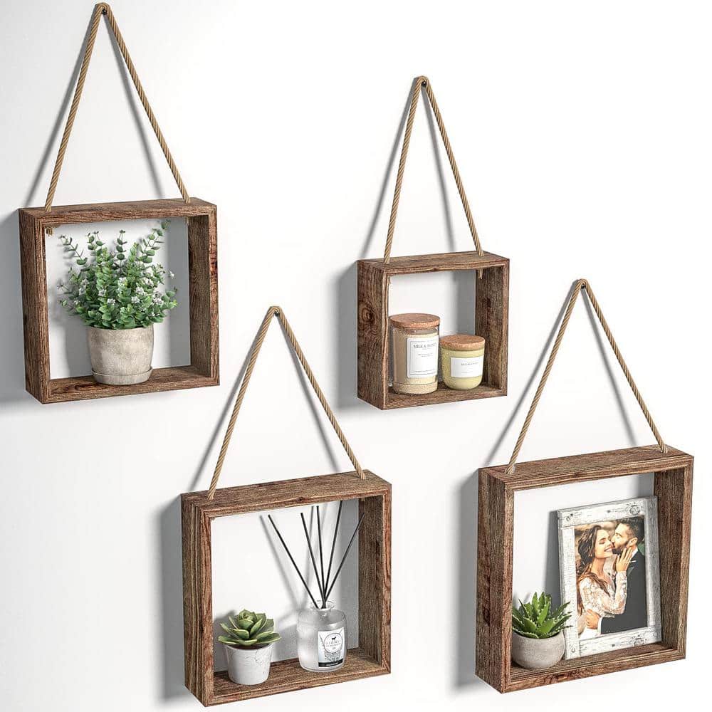 11.96 in. W x 2.87 in. D Brown Rustic Wood Floating Hanging Square Shelves 