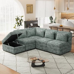 77.9 in. Free-Combined Chenille Sectional Sofa in. Blue Green with Storage Ottoman and 5-Pillows