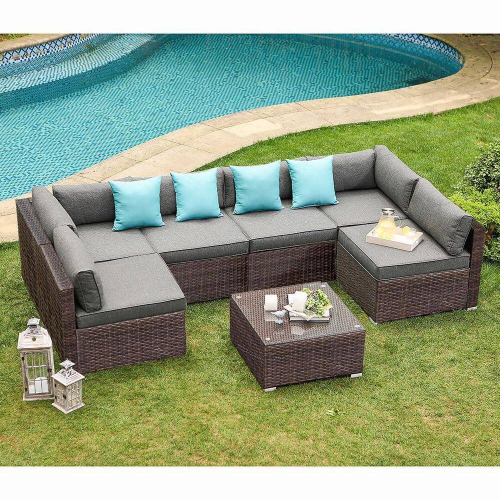 7-Piece Brown Wicker Outdoor Patio Executive Sectional Sofa Set with Dark G