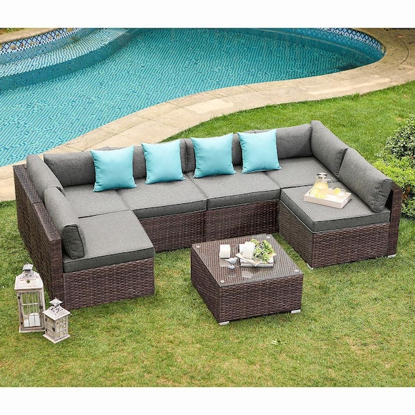 Unbranded 7-Piece Brown Wicker Outdoor Patio Executive Sectional Sofa Set with Dark Gray Thick Cushions and Coffee Table