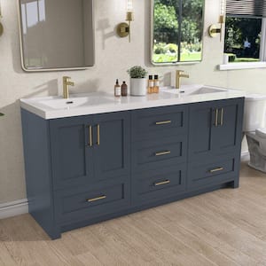 72 in. W x 22 in. D x 35.5 in. H Double Sink Bath Vanity Freestanding Cabinet in Navy Blue with White Stone Resin Top