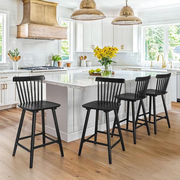 Windsor 24 in. Black Solid Wooden Bar Stool for Kitchen Island Counter Height Stool with Spindle Back Set of 4