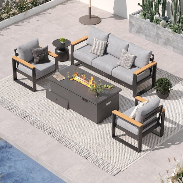 4-Piece Aluminum Patio Conversation Set with 51 in. Fire Pit Table and 5-Seat with Grey Cushions