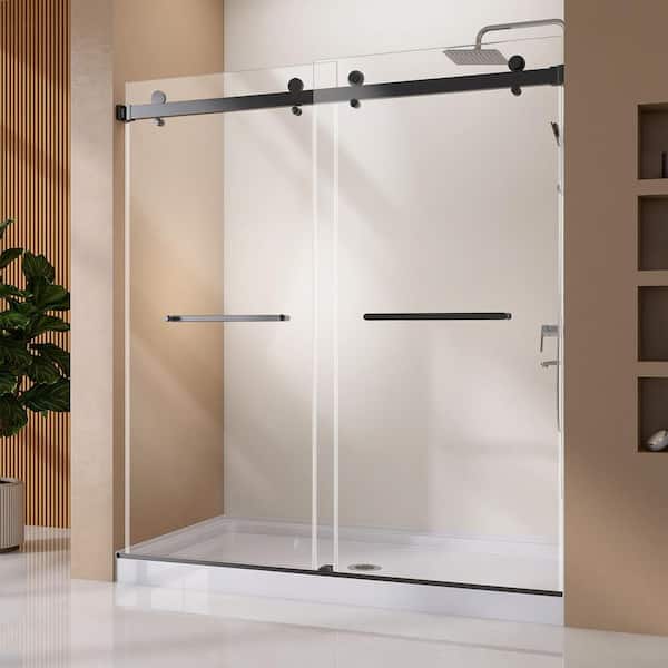 56 to 60 in. W x 76 in. H Frameless Double Sliding Shower Door in Matte Black Stainless Steel with 5/16 Clear Glass