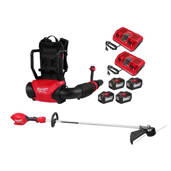 M18 FUEL 18V Brushless Cordless Dual Battery Backpack Blower Kit w/ M18 String Trimmer, (4) M18 Batteries, (2) Chargers