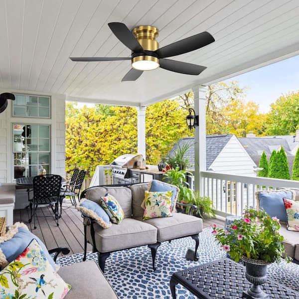 42 in. Indoor/Outdoor Gold Low Profile Flush Mount Integrated LED Ceiling Fan with Light Kit and Remote Control