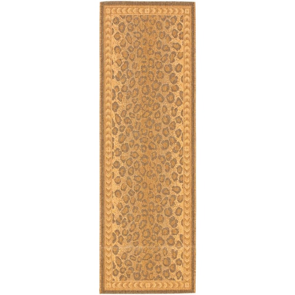 Courtyard Natural/Gold 2 ft. x 5 ft. Border Cheetah Indoor/Outdoor Runner Rug