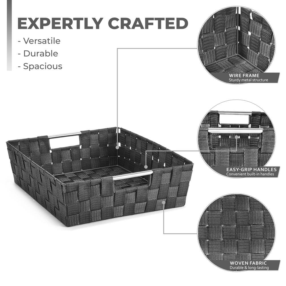 Set of 9 Black Woven Plastic Storage Baskets with Handles