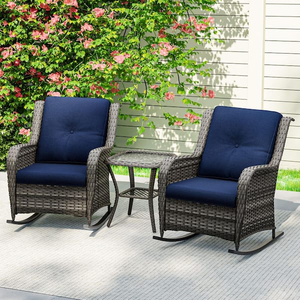 3-Piece Wicker Outdoor Rocking Chairs Patio Conversation Set Chat Set with Dark Blue Cushions and 1 Table