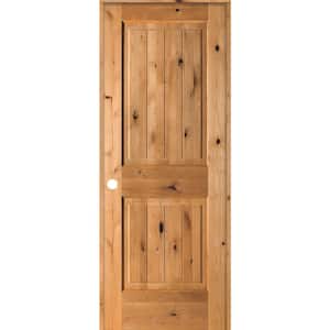 30 in. x 80 in. Knotty Alder 2 Panel Right-Hand Square Top V-Groove Clear Stain Solid Wood Single Prehung Interior Door