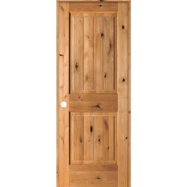 Krosswood Doors 30 in. x 80 in. Knotty Alder 2 Panel Right-Hand Square Top V-Groove Clear Stain Solid Wood Single Prehung Interior Door