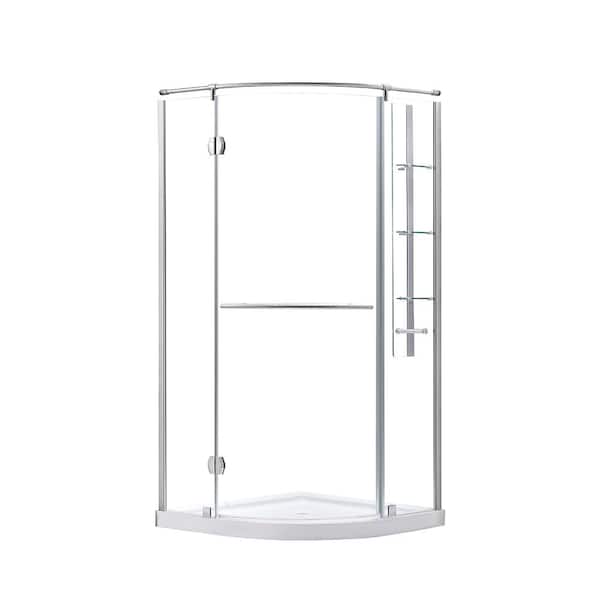 Glamour 38 in. W x 74 in. H Round Pivot Semi-Frameless Corner Shower Door in Satin Nickel