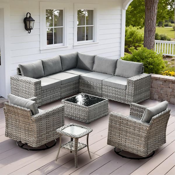 XIZZI Beatrice 9-Piece Wicker Patio Conversation Seating Sofa Set with Drak Gray Cushions and Swivel Rocking Chairs