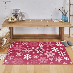 Snowflakes Red 1 ft. 6 in. x 2 ft. 6 in. Machine Washable Holiday Area Rug