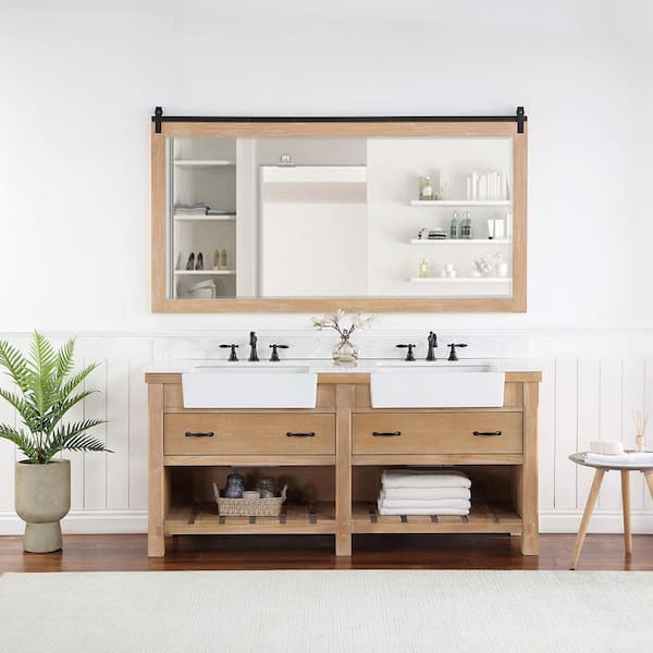 ROSWELL Villareal 72 in.W x 22 in.D x 34 in.H Double Farmhouse Bath Vanity in Weathered Pine with Composite Stone Top