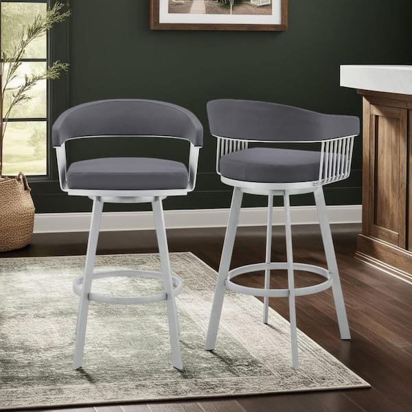 Armen Living Chelsea 29 in. Slate Gray/Silver High Back Metal Swivel Bar Stool with Faux Leather Seat