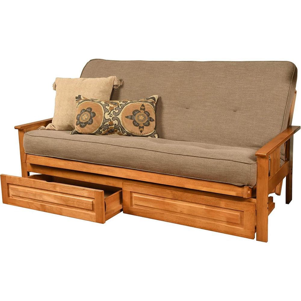 79 in. Butternut/Linen Stone Linen Upholstered Full Size Futon Set with Mattress and Storage Drawers
