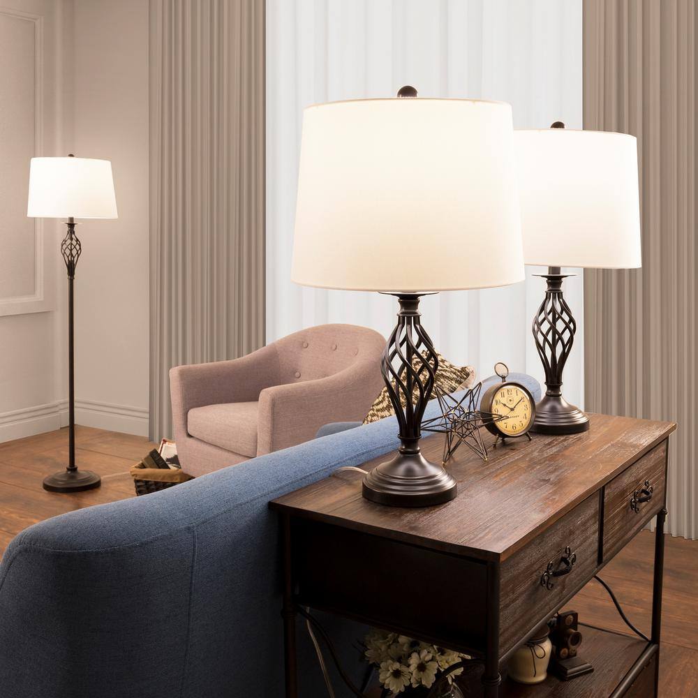 Elegant Spiral Cage Bronze Table and Floor Lamp Set with Cream Drum Shades