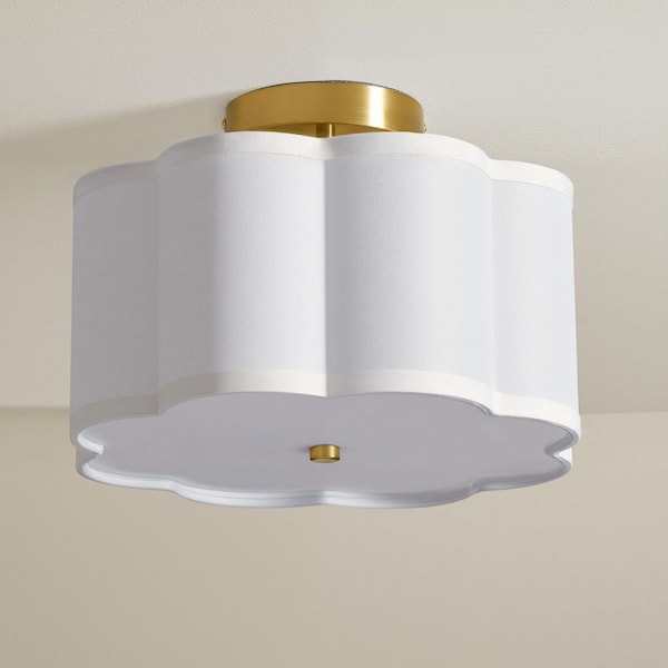12.6 in. 3-Light White LED Semi-Flush Mount Ceiling Light Fixture with Flower-Shaped Fabric Shade E26 Bases
