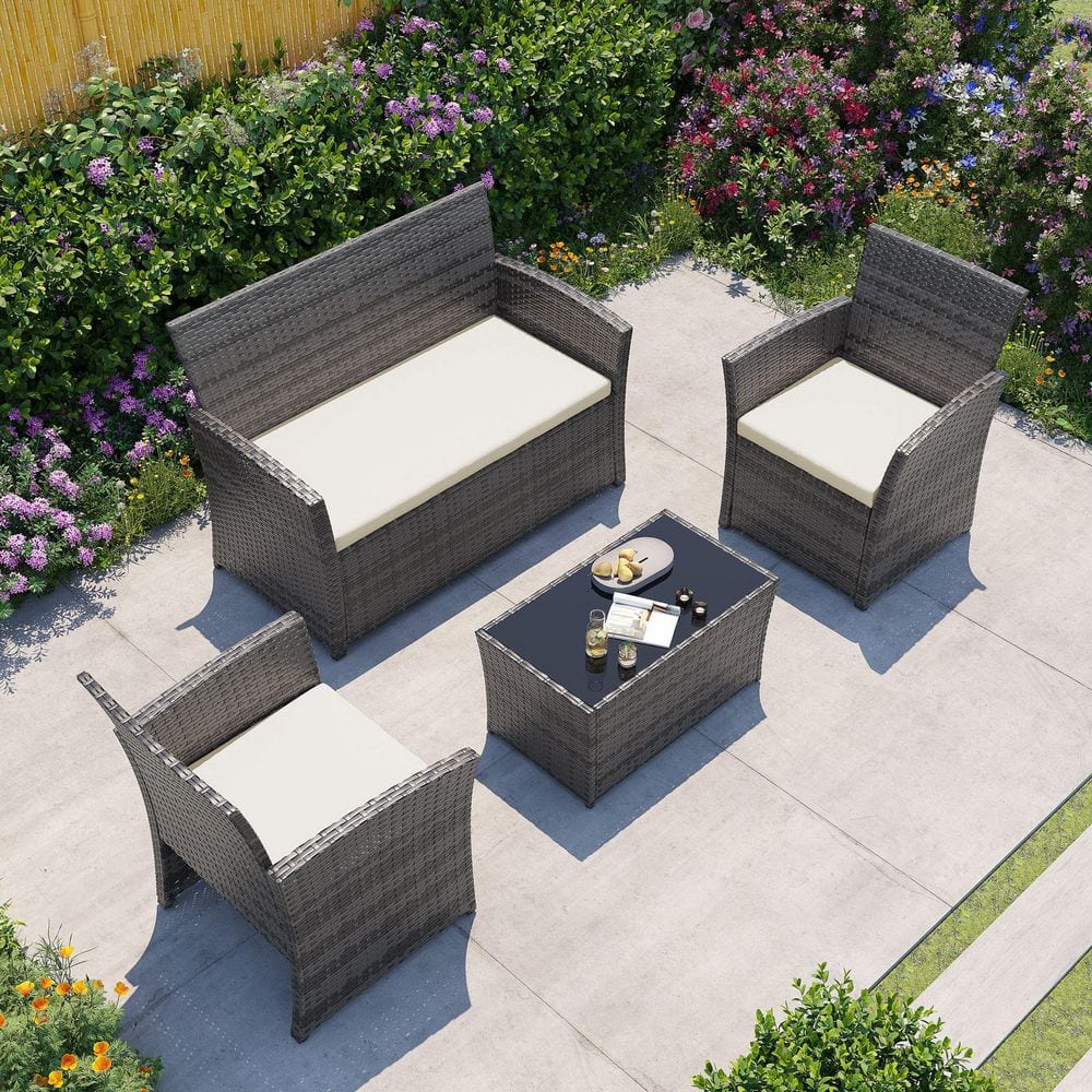 Gray 4-Pieces Wicker Bistro Patio Conversation Set with Table and White Cushions price history on PriceWatchPro