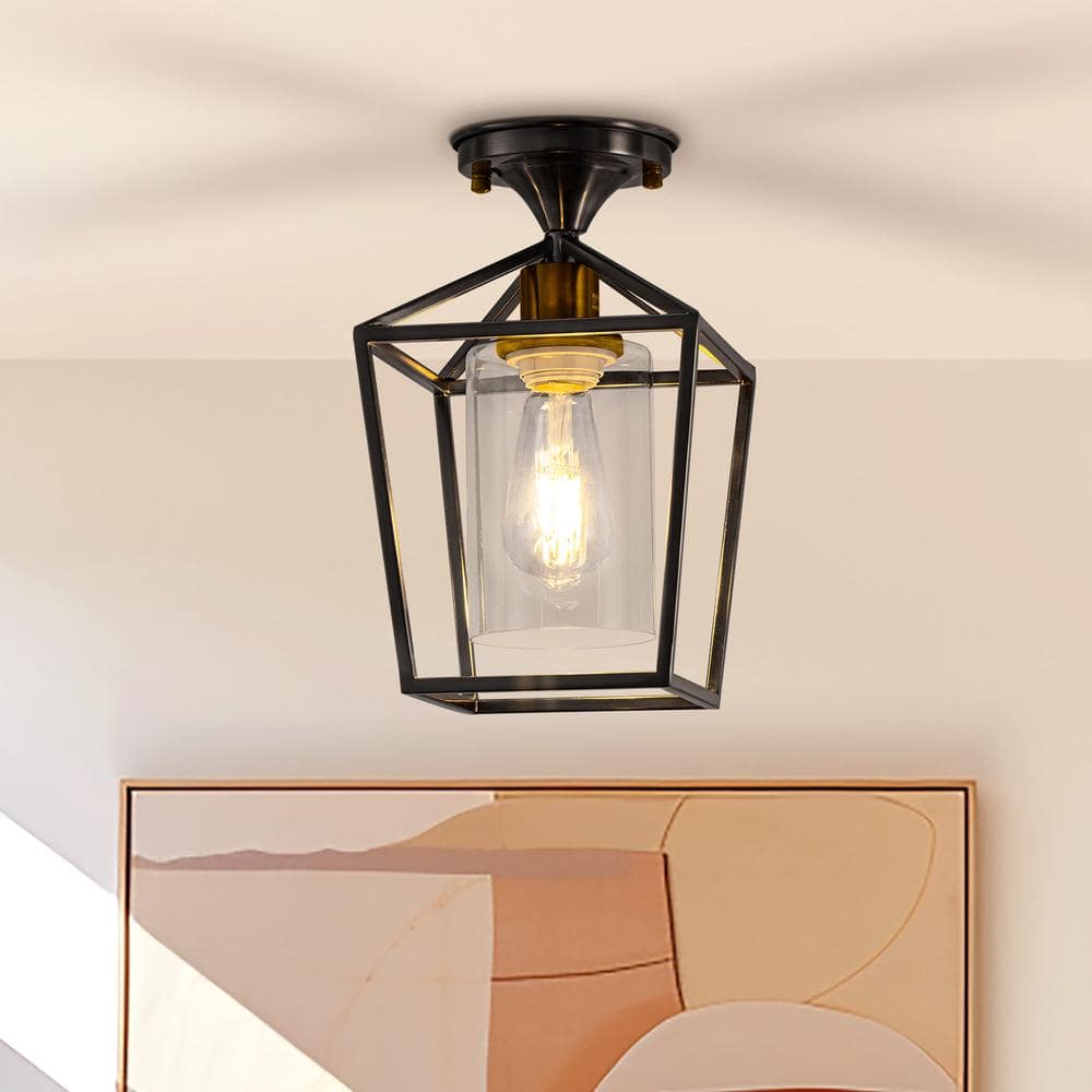 YANSUN 7 in. 1-Light Black Gold Semi Flush Mount Ceiling Light ...