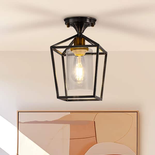 YANSUN 7 in. 1-Light Black Gold Semi Flush Mount Ceiling Light,Farmhouse Retro Cage Kitchen Lighting Fixtures with Glass Shade