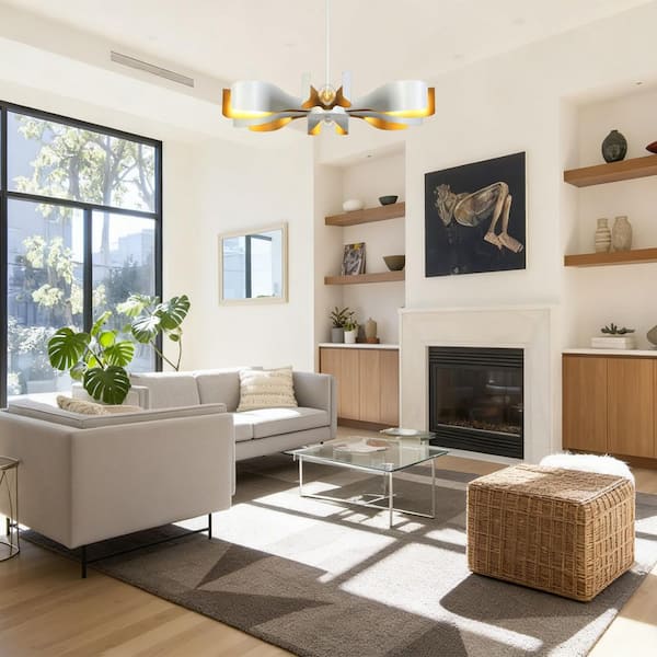 Modern 31.4 in. 6-Light Chandelier with DIY Curved Metal Shades, White and Gold Pendant Light, Living Room Ceiling Light