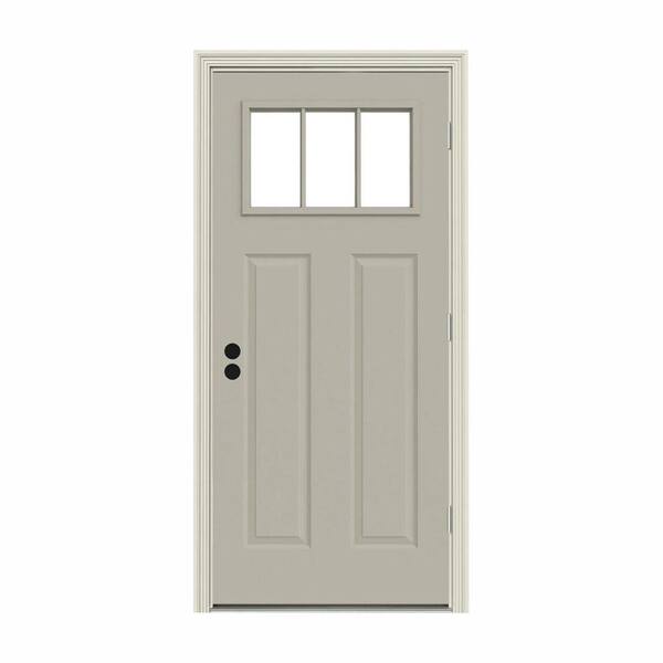 JELD-WEN 30 in. x 80 in. 3 Lite Craftsman Desert Sand Painted Steel Prehung Left-Hand Outswing Front Door w/Brickmould