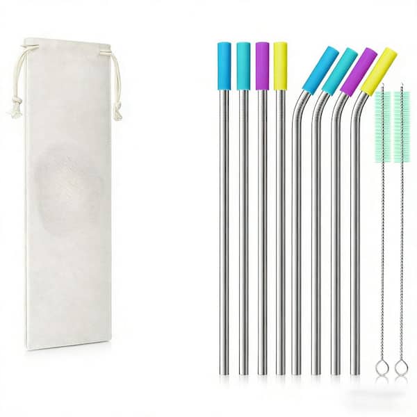 Stainless Steel 8-Piece Silver Reusable Metal Drinking Straws Set with Silicone Tips and Cleaning Brush for Tumblers