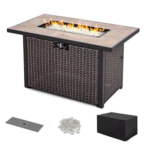 43 in. Wicker Outdoor Propane Gas Fire Pit Table with Ceramic Tabletop and Oxford Cover, 50000 BTU, Brown