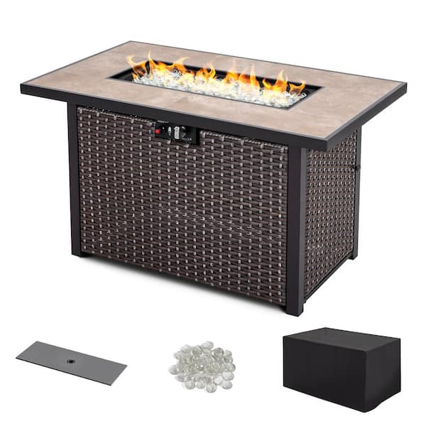 43 in. Wicker Outdoor Propane Gas Fire Pit Table with Ceramic Tabletop and Oxford Cover, 50000 BTU, Brown