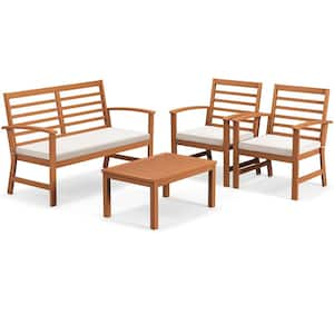 Outdoor 4-Pieces Wood Patio Conversation Furniture Set with Soft Seat White Cushions